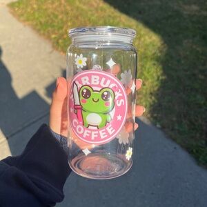 Starbucks Pink and Green Frog Glass Tumbler